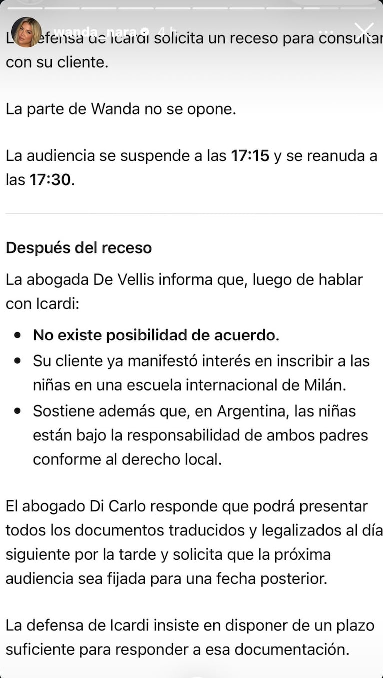 Wanda Nara contó cómo fue la audiencia en Italia con Mauro Icardi (Foto: captura de Instagram).