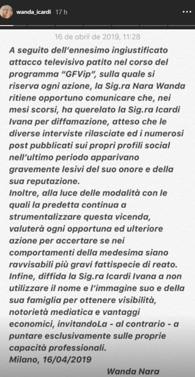 Wanda Nara demandó a Ivana Icardi por difamación, tras sus lapidarias declaraciones en Gran Hermano Italia