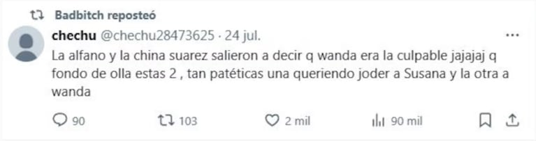 Wanda Nara en sus redes sociales contra la China Suárez y Graciela Alfano (Foto: catpura de X).