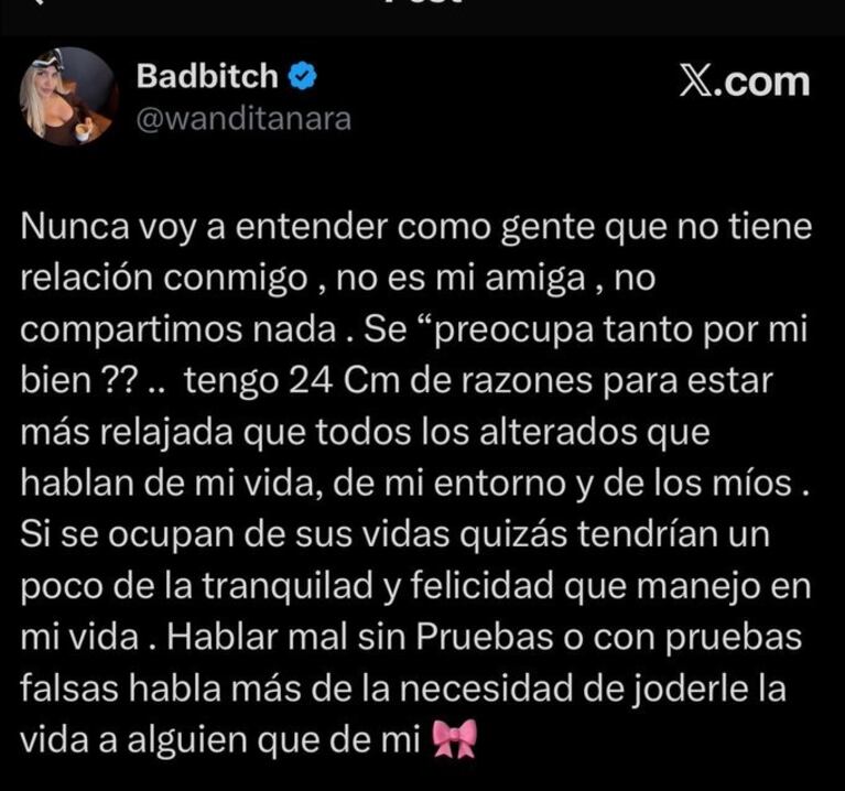 Wanda Nara explotó en redes y defendió su relación con Martín Migueles. CRÉDITO: X