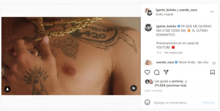 Wanda Nara piropeó picante a L-Gante al ver las candentes imágenes del videoclip que protagonizan juntos 