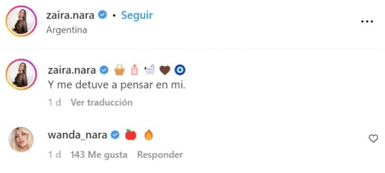 Wanda Nara reaccionó con picantes emojis al ver a Zaira posando sensual y con poca ropa
