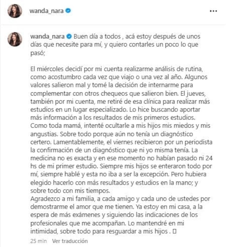 Wanda Nara rompió el silencio y habló sobre su salud: "Algunos valores salieron mal"