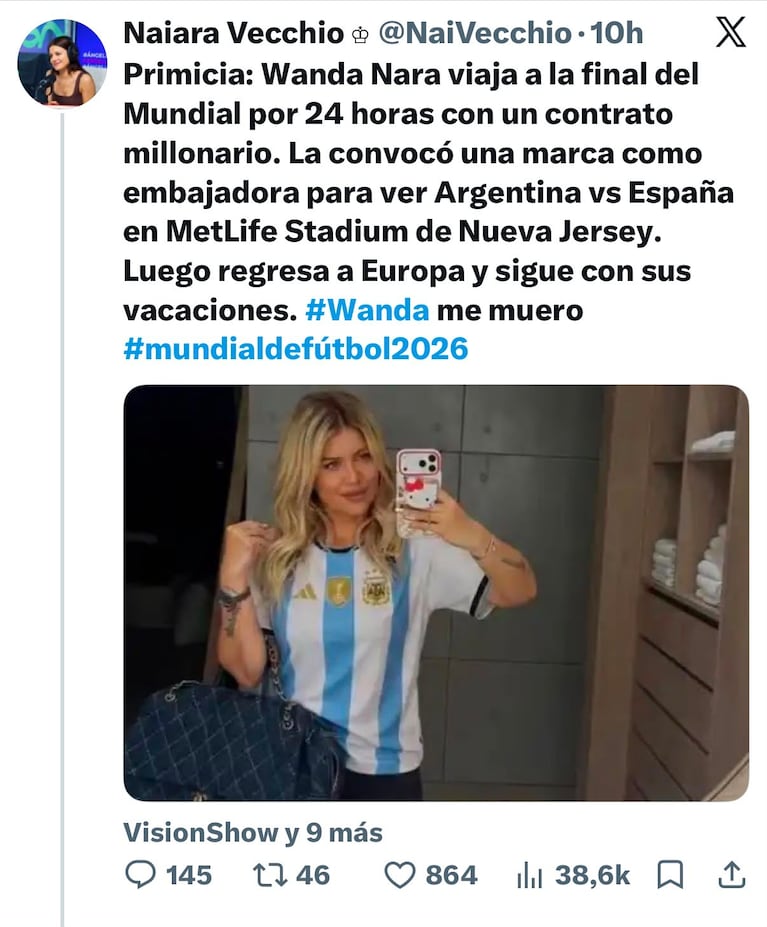 Wanda Nara viaja a la final de la Copa Mundial de la FIFA 26™ (Foto: X/@naivecchio)