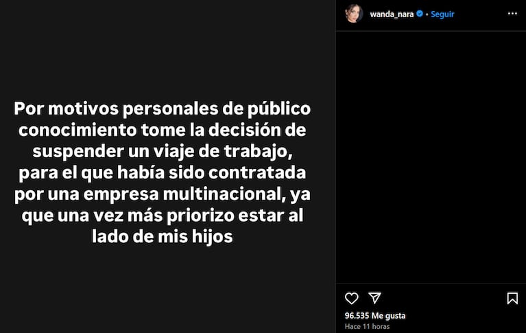 Wanda tomó una drástica decisión y la comunicó vía Instagram.