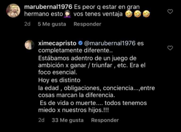 Ximena Capristo, a una seguidora que comparó su encierro en GH con la cuarentena: "Esto es de vida o muerte"