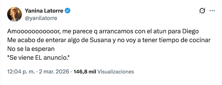 Yanina Latorre anticipó un mega anuncio que involucra a Susana Giménez. Crédito: X