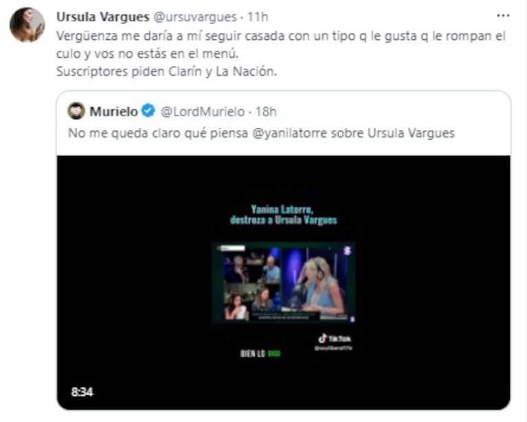 Yanina Latorre apuntó contra Úrsula Vargues y ella le respondió picantísima en Twitter: “Vergüenza me da a mí”