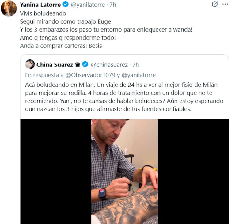Yanina Latorre arremetió contra la China Suárez en X.