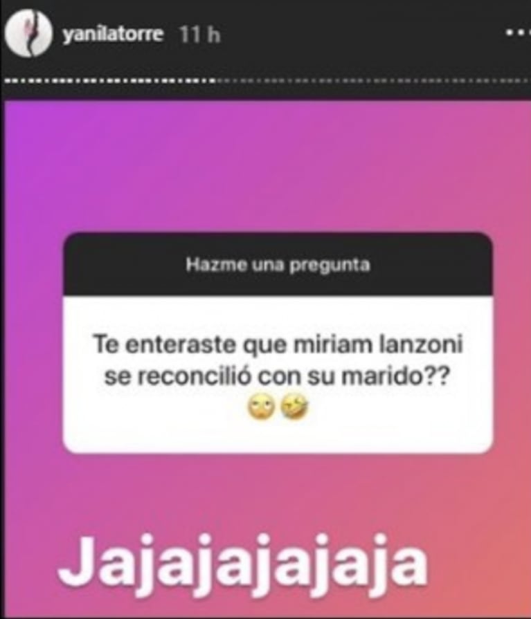 Yanina Latorre "chicaneó" a Miriam Lanzoni, tras la reconciliación con su novio: "¡Ja ja ja!"