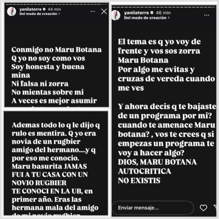 Yanina Latorre contra Maru Botana en Instagram (Fotos: captura de redes sociales @yanilatorre).