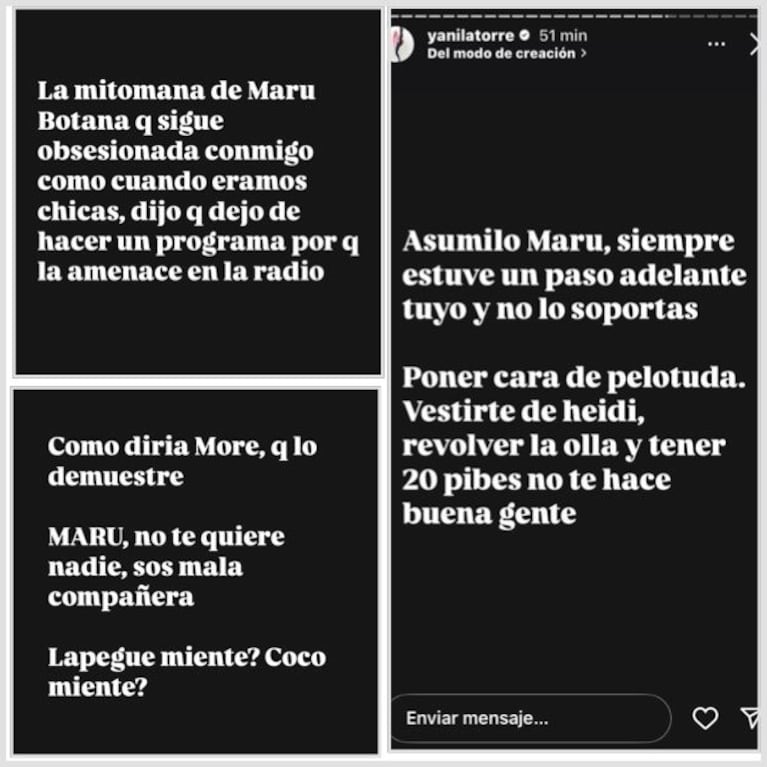 Yanina Latorre contra Maru Botana en Instagram (Fotos: captura de redes sociales @yanilatorre).