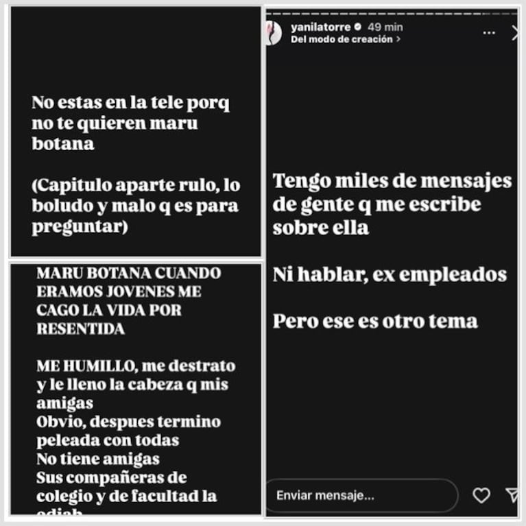 Yanina Latorre contra Maru Botana en Instagram (Fotos: captura de redes sociales @yanilatorre).