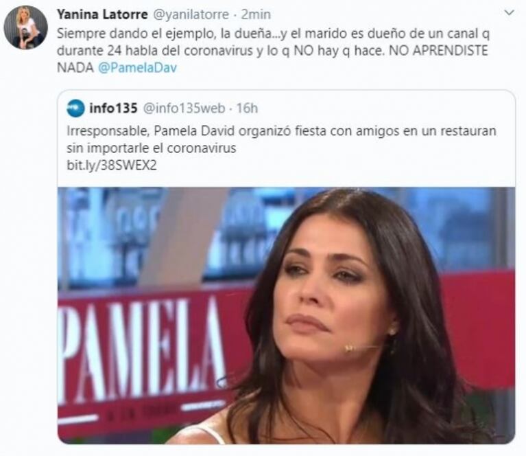 Yanina Latorre, contra Pamela David por haber hecho una fiesta en medio de la pandemia: "No aprendiste nada"