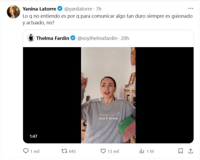 Yanina Latorre criticó a  Thelma Fardín en X (Foto: captura de @yanilatorre).
