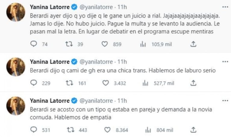 Yanina Latorre disparó sin filtro contra Estefi Berardi tras su tenso cruce al aire: "En lugar de debatir en el programa, escupe mentiras"