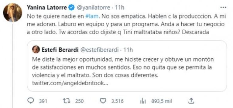 Yanina Latorre disparó sin filtro contra Estefi Berardi tras su tenso cruce al aire: "En lugar de debatir en el programa, escupe mentiras"