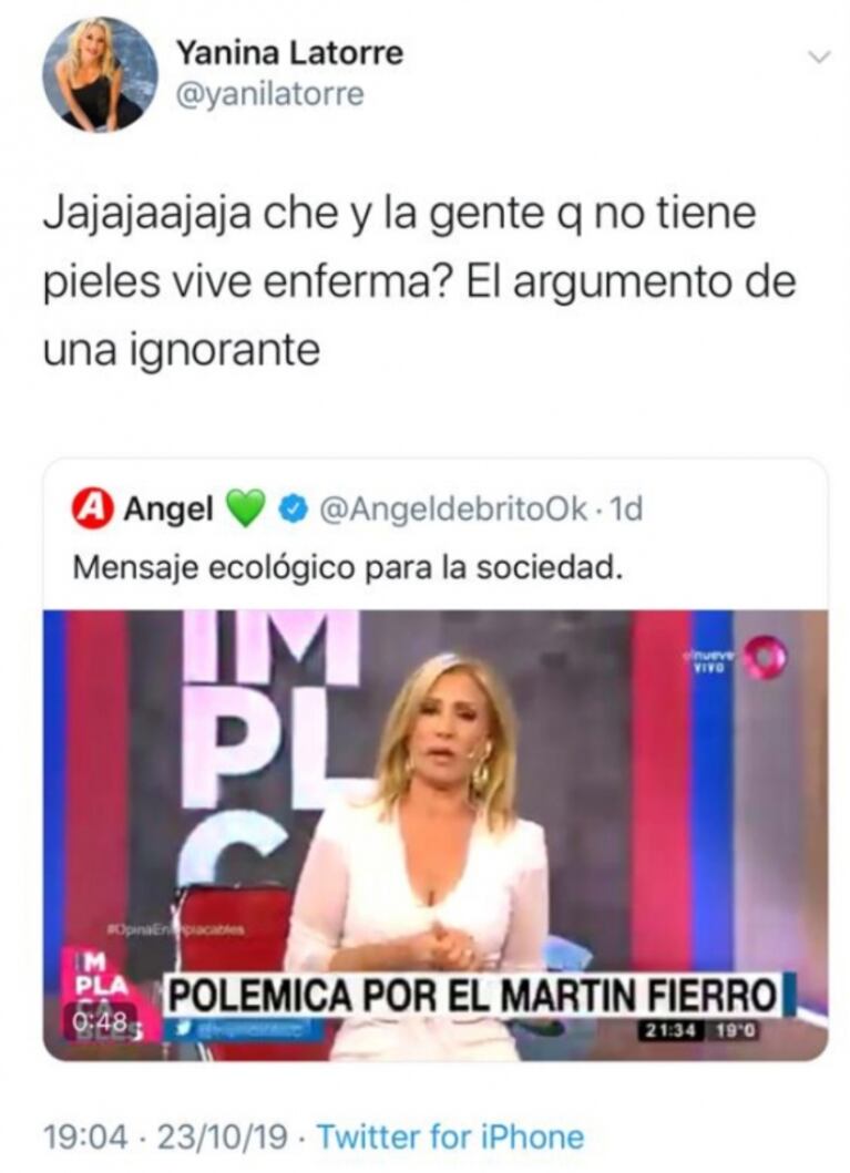 Yanina Latorre, filosa contra Susana Roccasalvo por su defensa del uso de pieles: "El argumento de una ignorante"