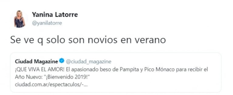 Yanina Latorre, irónica tras la reconciliación de Pampita y Pico Mónaco: "Se ve que solo son novios en verano"