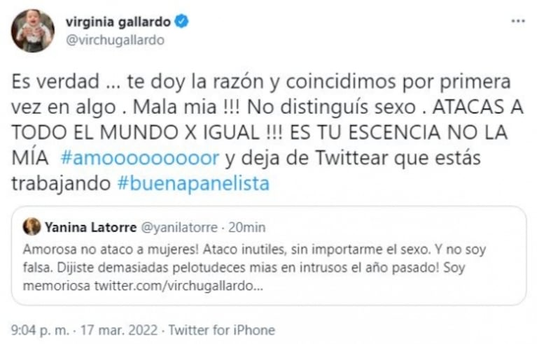 Yanina Latorre la trató de "inútil" y Virginia Gallardo le salió al cruce: "Prefiero ser eso y no una violenta y agresiva"