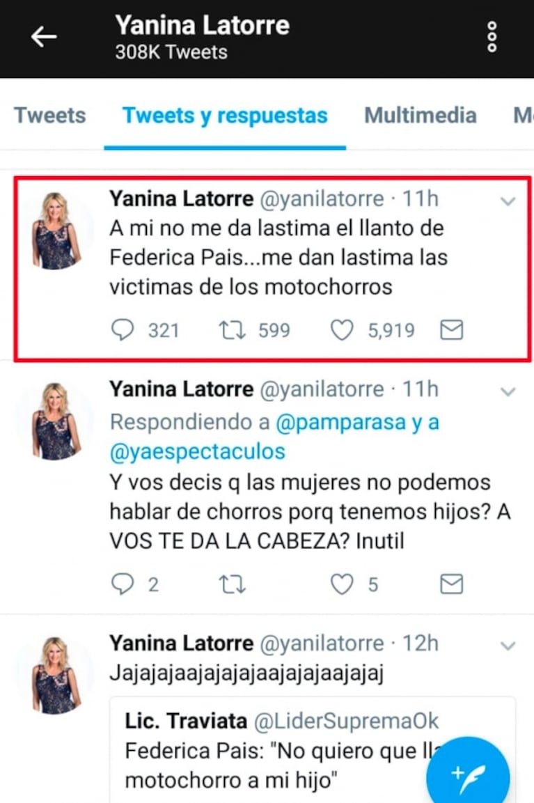 Yanina Latorre, lapidaria con Federica Pais tras la defensa a su hijo detenido: "No me da lástima su llanto"