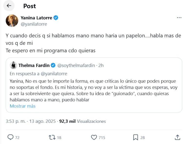 Yanina Latorre le contestó a Thelma Fardín en X (Foto: captura de @yanilatorre).