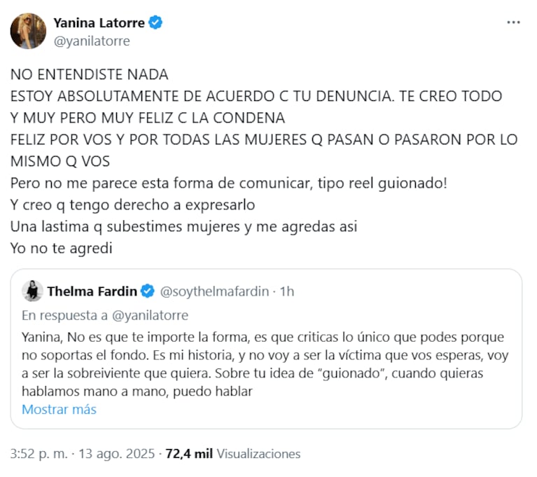Yanina Latorre le contestó a Thelma Fardín en X (Foto: captura de @yanilatorre).