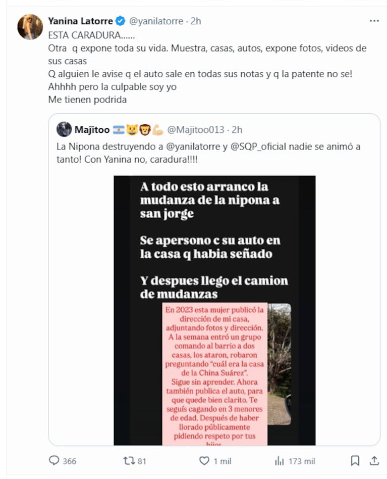 Yanina Latorre le respondió a la China Suárez en X