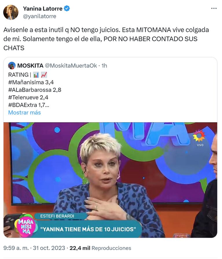 Yanina Latorre le respondió filosísima a Estefanía Berardi por la supuesta lista de famosos que la denunciaron