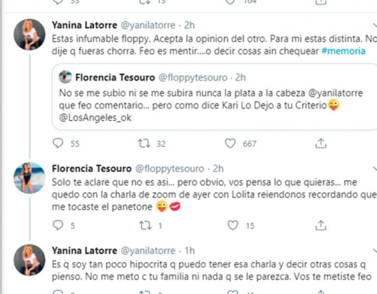 Yanina Latorre opinó que la plata cambió a Floppy Tesouro y se cruzaron en Twitter: "Estás infumable"