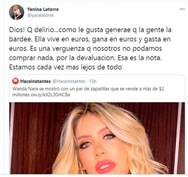 Yanina Latorre, picante sobre Wanda Nara por sus zapatillas de 2 millones de pesos: "¡Dios, qué delirio! Le gusta generar que la gente la bardee"