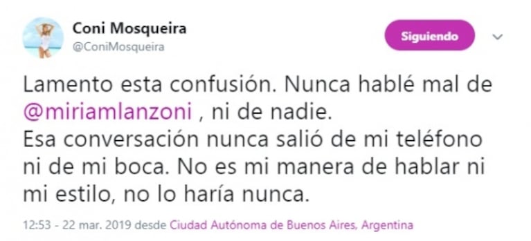 Yanina Latorre publicó supuestos chats de la novia de Fantino destrozando a Miriam Lanzoni y Coni Mosqueira los negó: "No es mi manera de hablar"