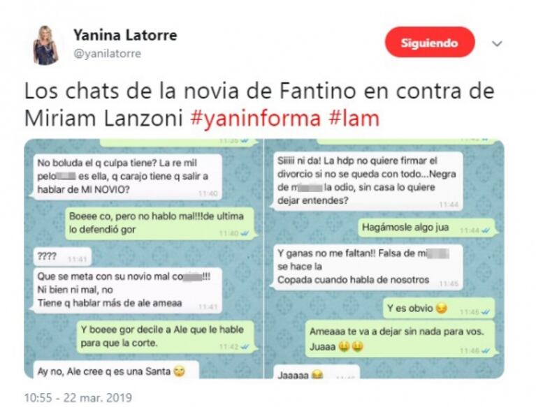 Yanina Latorre publicó supuestos chats de la novia de Fantino destrozando a Miriam Lanzoni y Coni Mosqueira los negó: "No es mi manera de hablar"