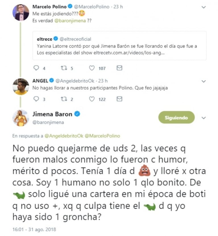 Yanina Latorre reveló que Jimena Barón se fue llorando de un programa y la actriz explicó el motivo