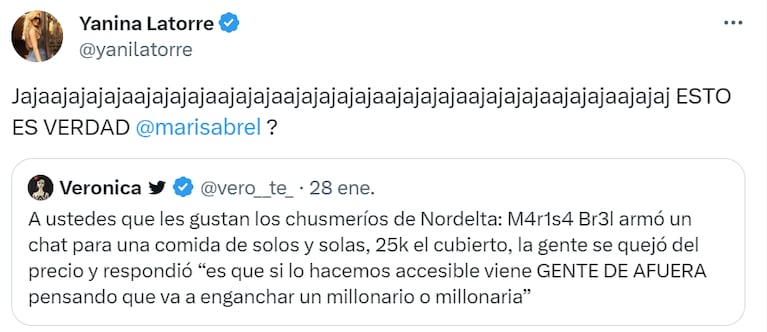 Yanina Latorre se burló de las cenas para solteros de Marisa Brel en Nordelta y recibió una tremenda respuesta