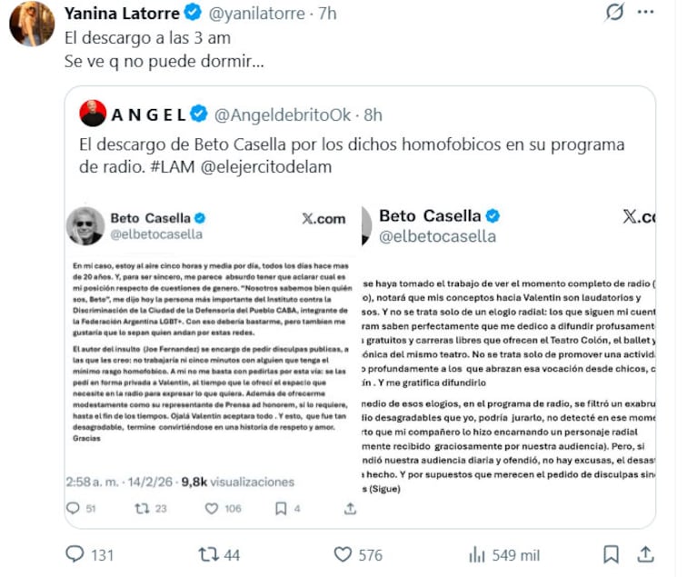 Yanina Latorre y Beto Casella : captura de X.