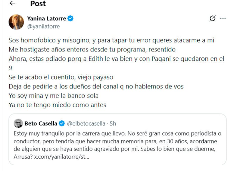 Yanina Latorre y Beto Casella : captura de X.