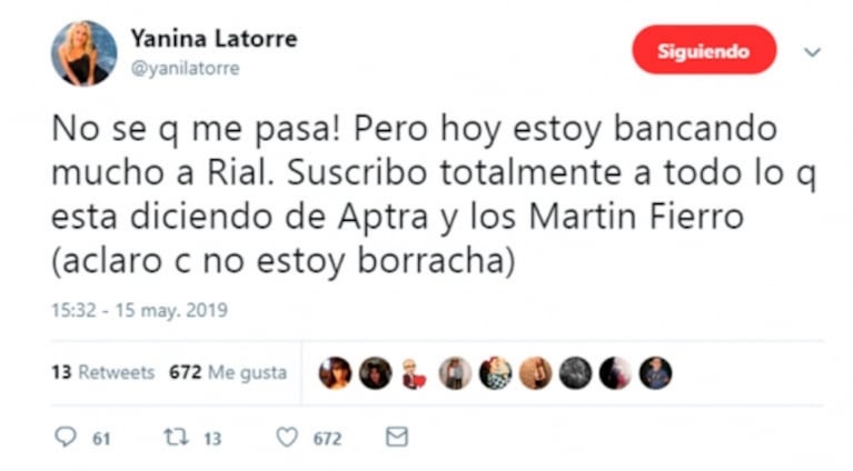 Yanina Latorre y una sorpresiva opinión de Jorge Rial: "Aclaro que no estoy borracha pero hoy lo banco"