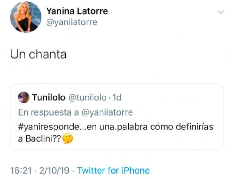 Yanina Latorre y una tremenda definición sobre Martín Baclini: "Es un chanta"
