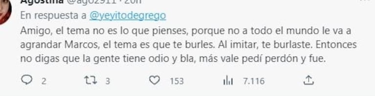 Yeyo De Gregorio imitó a Marcos de Gran Hermano, lo destrozaron en redes y se defendió: "Están muy llenos de odio"