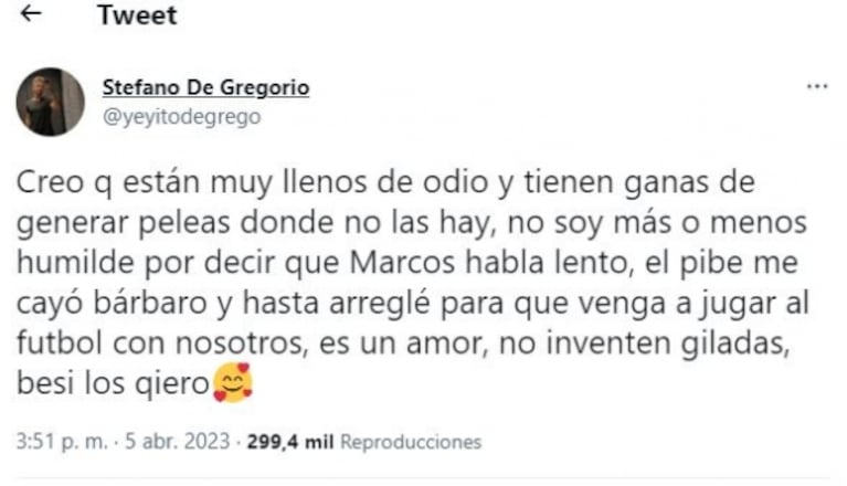 Yeyo De Gregorio imitó a Marcos de Gran Hermano, lo destrozaron en redes y se defendió: "Están muy llenos de odio"