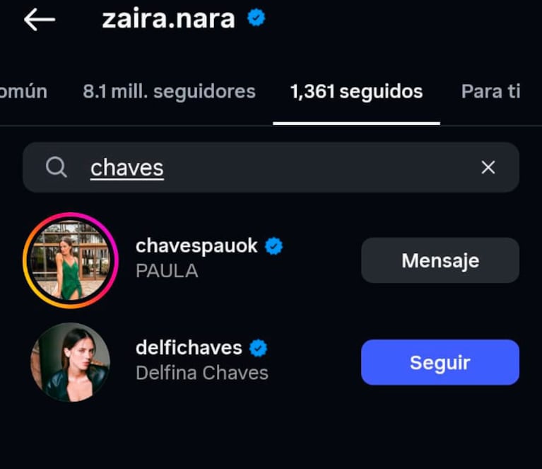 Zaira Nara aún sigue a Paula Chaves en Instagram (captura de Instagram)