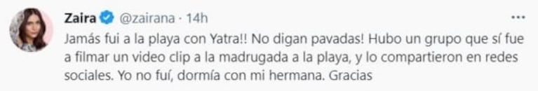 Zaira Nara desmintió haber tenido un acercamiento con Sebastián Yatra: "Jamás fui a la playa con él"