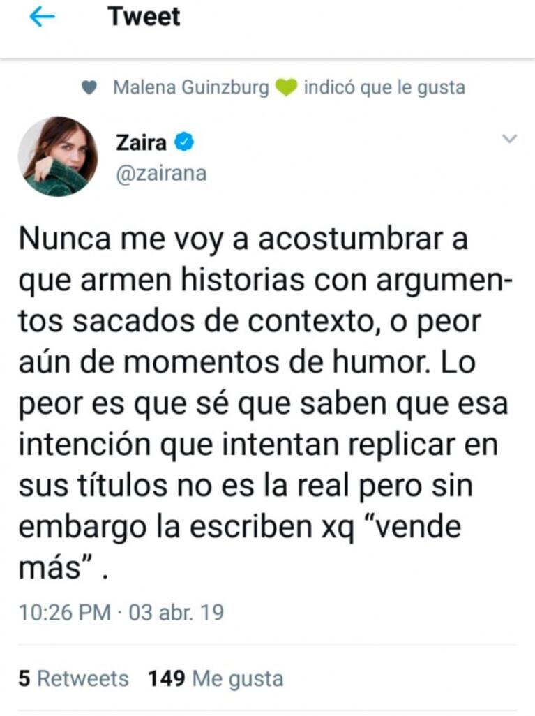 Zaira Nara, enojada con la prensa: "Arman historias con argumentos sacados de contexto"