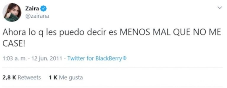 Zaira Nara explicó por qué no borró su tweet del "menos mal que no me casé", tras la separación de Forlán