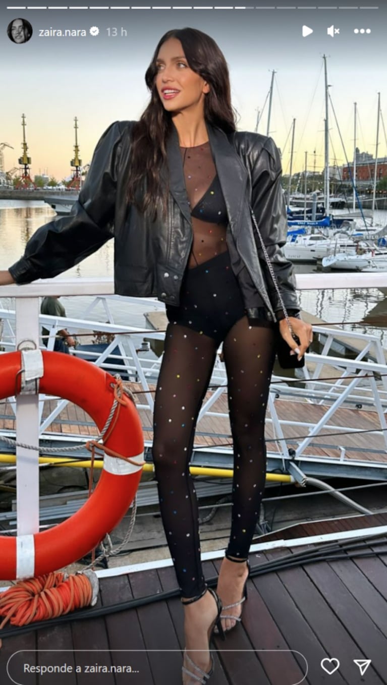 Zaira Nara impactó con un catsuit traslúcido: bikini engomada y sandalias altísimas
