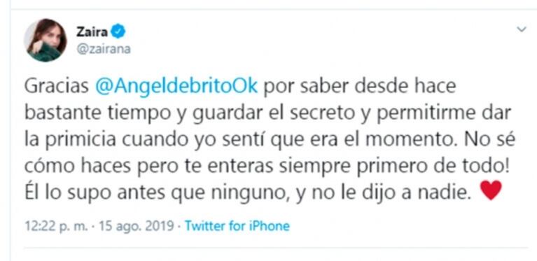 Zaira Nara le agradeció a Ángel de Brito por guardar el secreto de su embarazo: ¿palito para Intrusos?