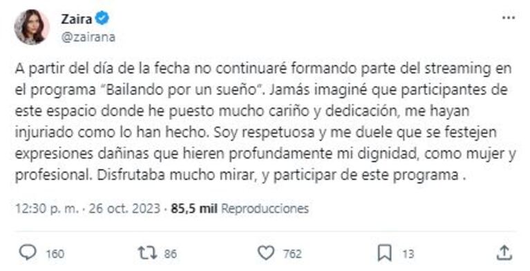 Zaira Nara renunció al Bailando 2023: su furioso descargo. (Foto: Captura Twitter /zairana)