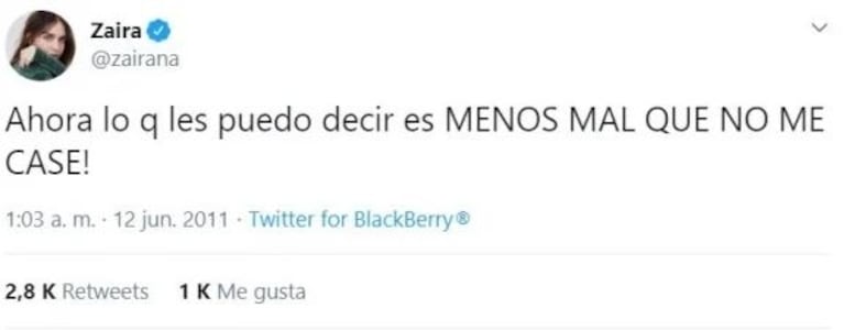 Zaira Nara rompió el silencio sobre cómo surgió su famoso tweet "menos mal que no me casé" cuando se separó de Diego Forlán: "Fue idea de una amiga"