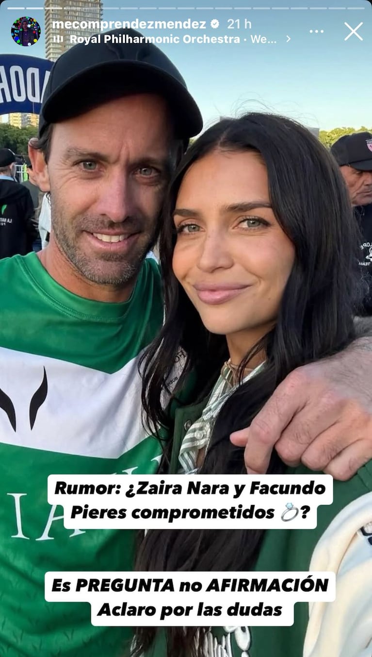 Zaira Nara y Facundo Pieres se habrían comprometido (Foto: captura de Instagram/@mecomprendezmendez).